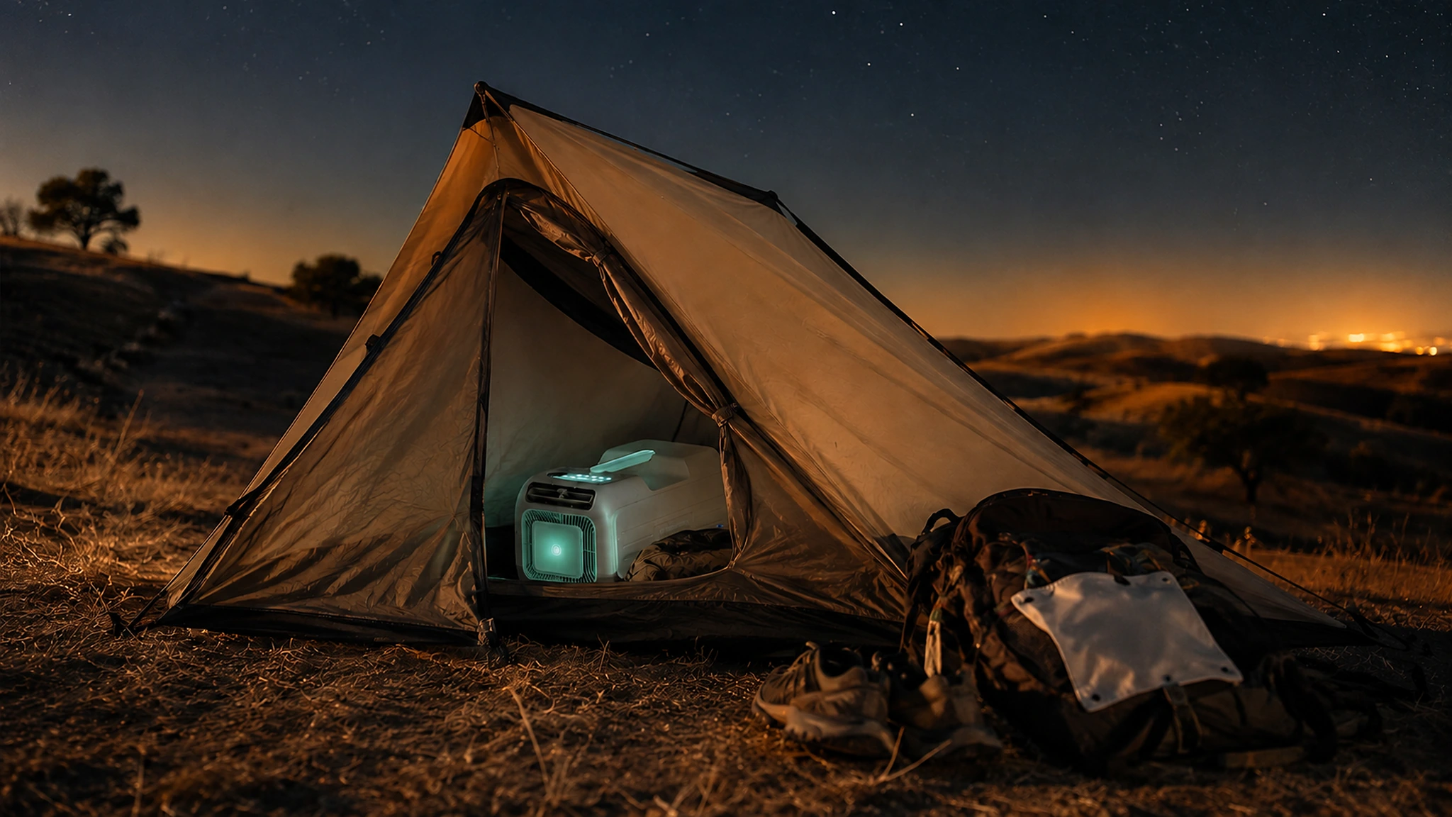 A tent at dusk on dry ground, the machine running inside, kit and shoes on the ground outside