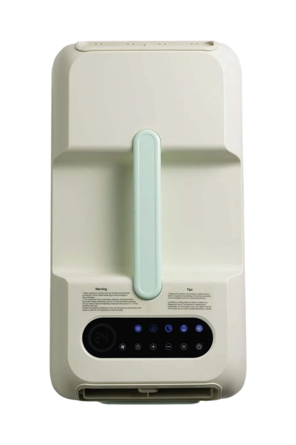 Friska M01 seen from directly above — the mint carry handle moulded into the top plate, with the control panel below it