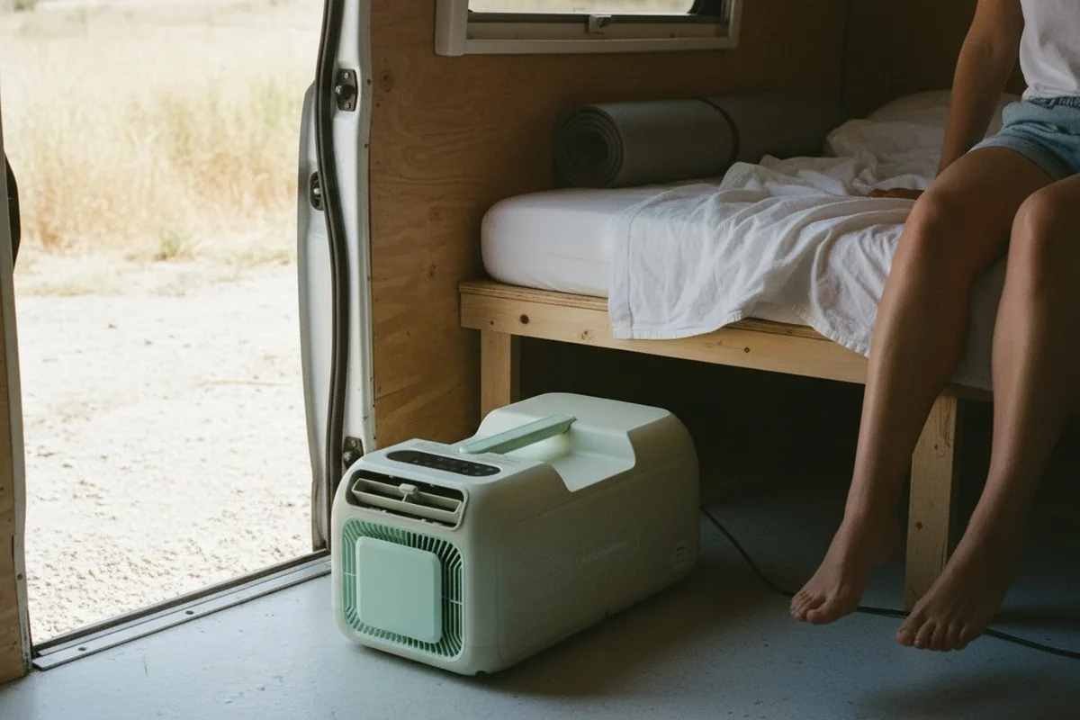 The unit running on the floor of a camper van, side door open onto dry ground